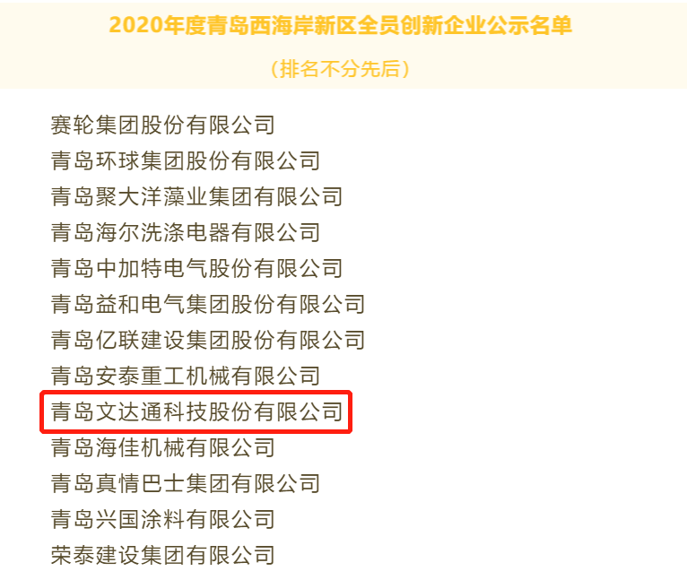 喜报！文达通科技获评2020年度青岛西海岸新区全员创新企业