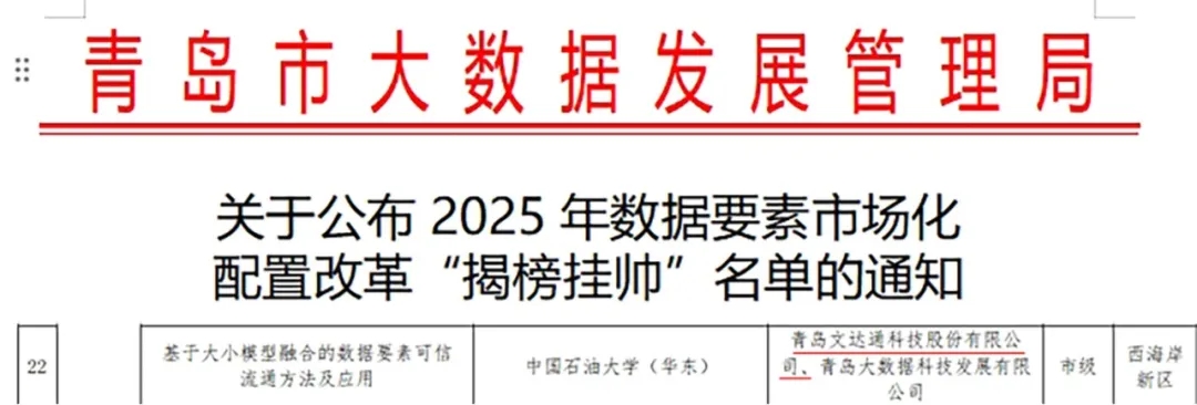 文达通股份成功入选2025年数据要素市场化配置改革“揭榜挂帅”名单